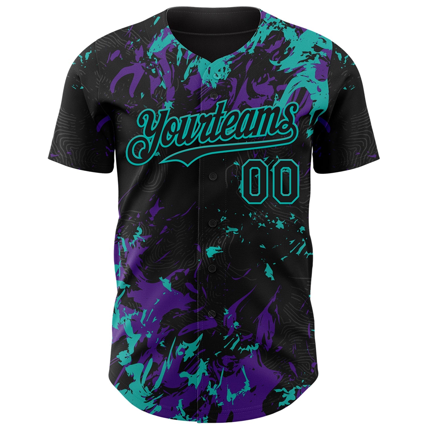 Custom Black Purple-Aqua Splash Authentic Baseball Jersey view 2