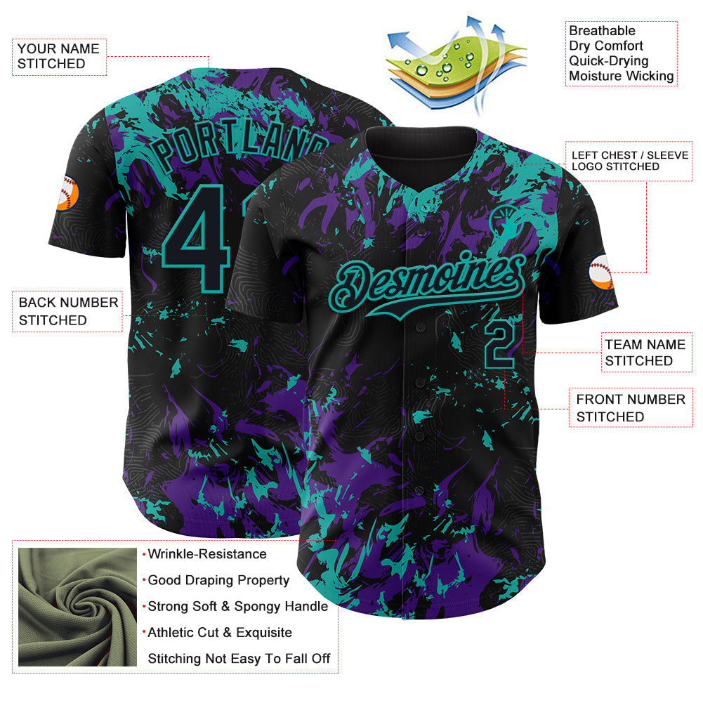 Custom Black Purple-Aqua Splash Authentic Baseball Jersey view 3