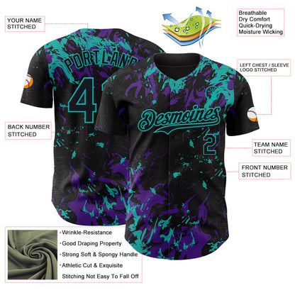 Custom Black Purple-Aqua Splash Authentic Baseball Jersey view 3