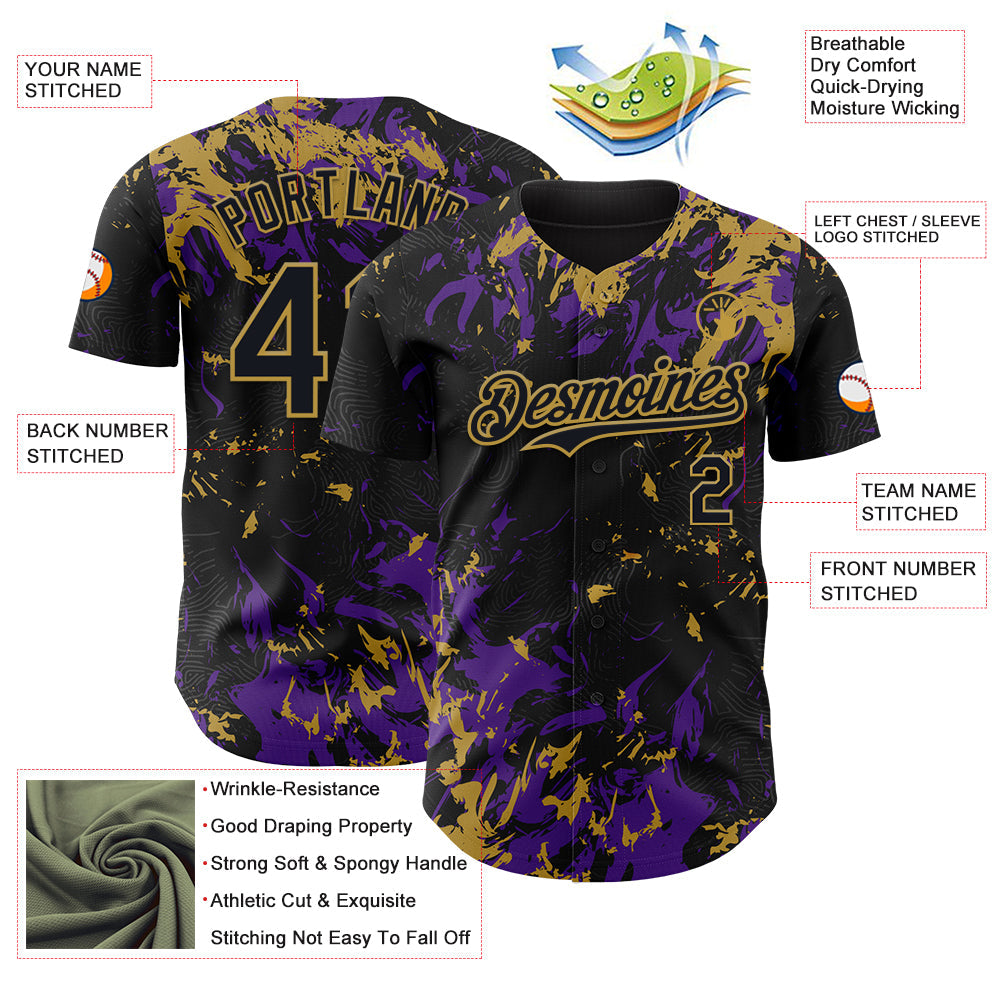 Custom Black Purple-Old Gold Splash Authentic Baseball Jersey view 3