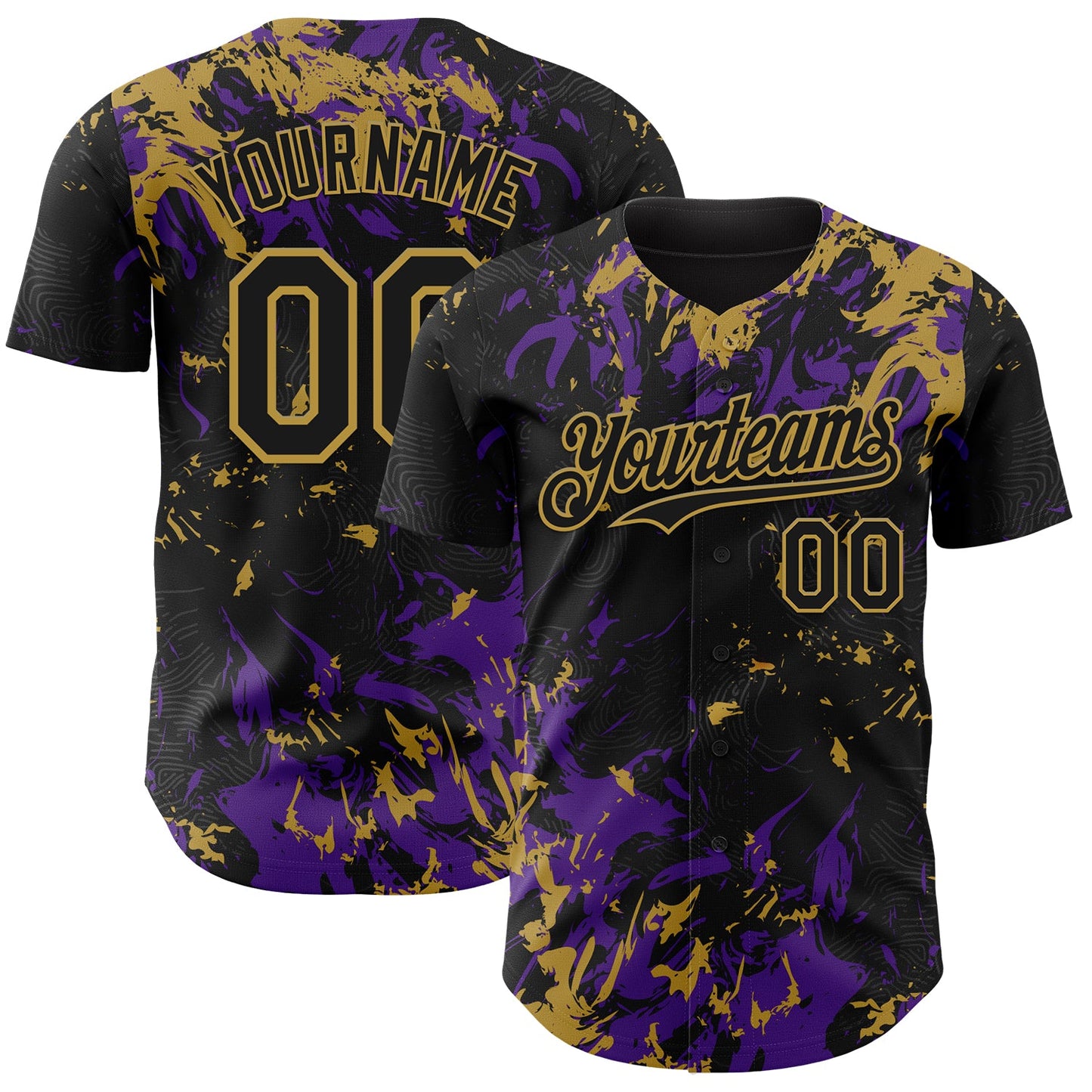 Custom Black Purple-Old Gold Splash Authentic Baseball Jersey - Main View