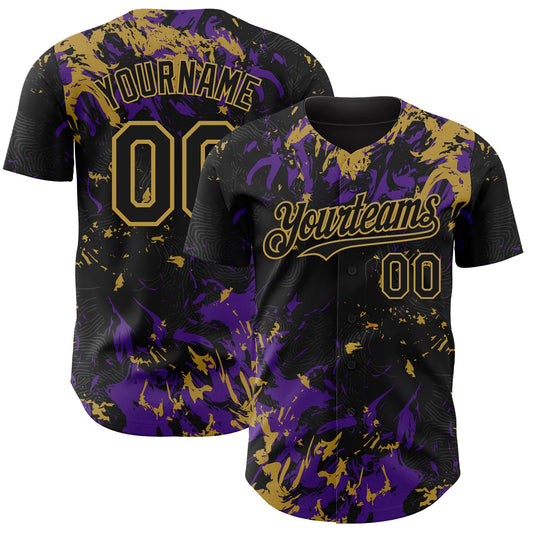 Custom Black Purple-Old Gold Splash Authentic Baseball Jersey - Main View