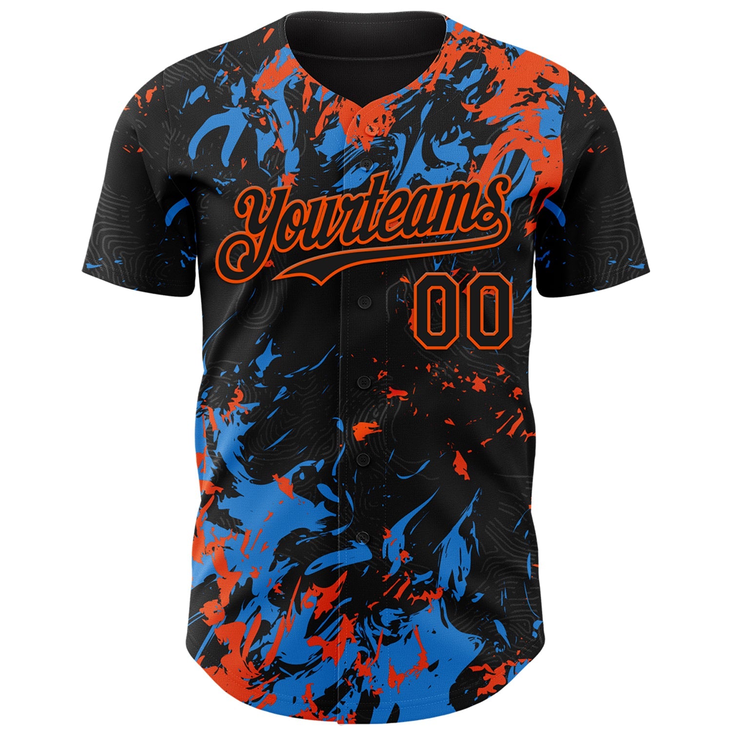 Custom Black Electric Blue-Orange Splash Authentic Baseball Jersey view 2