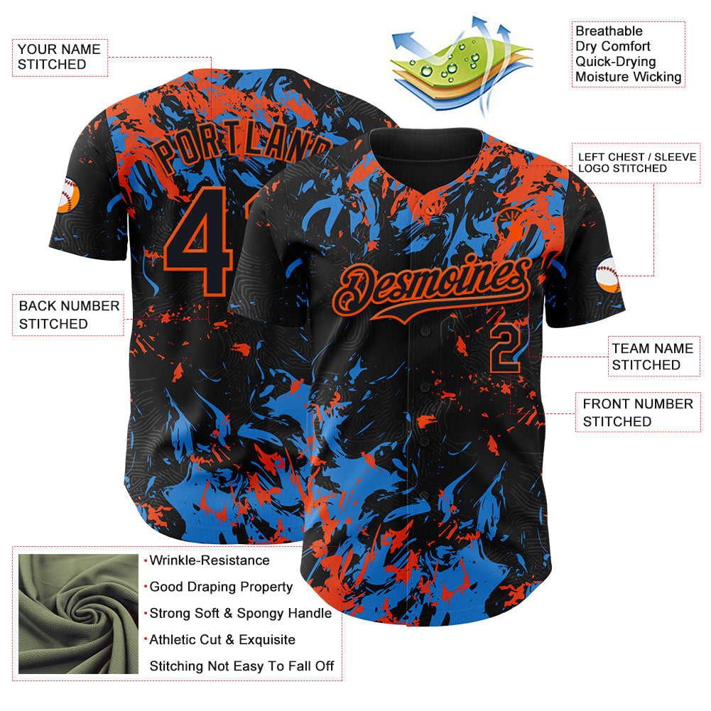 Custom Black Electric Blue-Orange Splash Authentic Baseball Jersey view 3