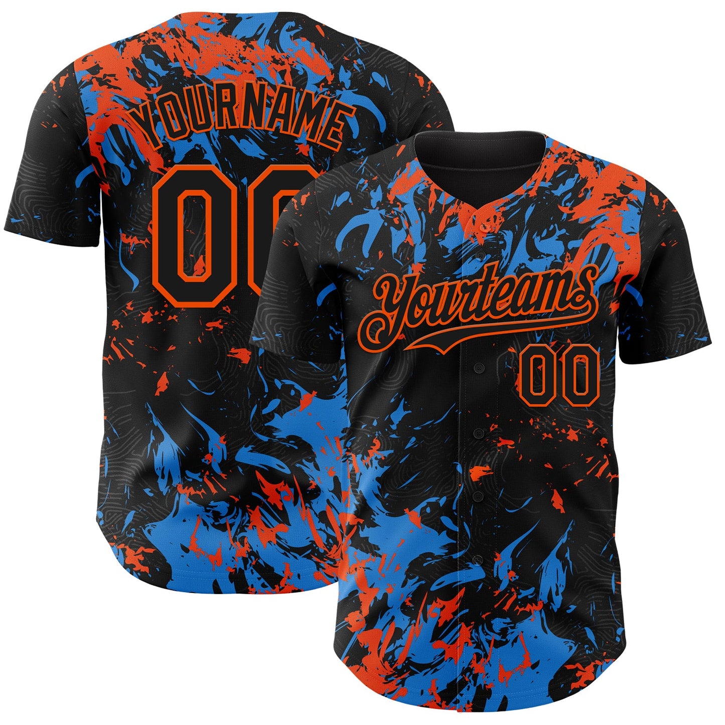 Custom Black Electric Blue-Orange Splash Authentic Baseball Jersey - Main View
