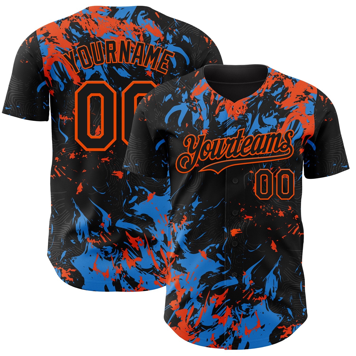 Custom Black Electric Blue-Orange Splash Authentic Baseball Jersey - Main View