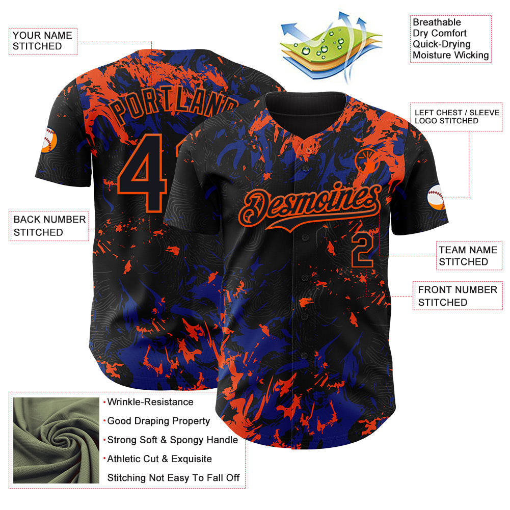 Custom Black Royal-Orange Splash Authentic Baseball Jersey view 3