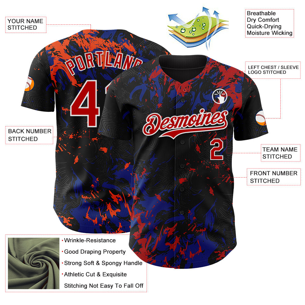 Custom Black Red Royal-White Splash Authentic Baseball Jersey view 3
