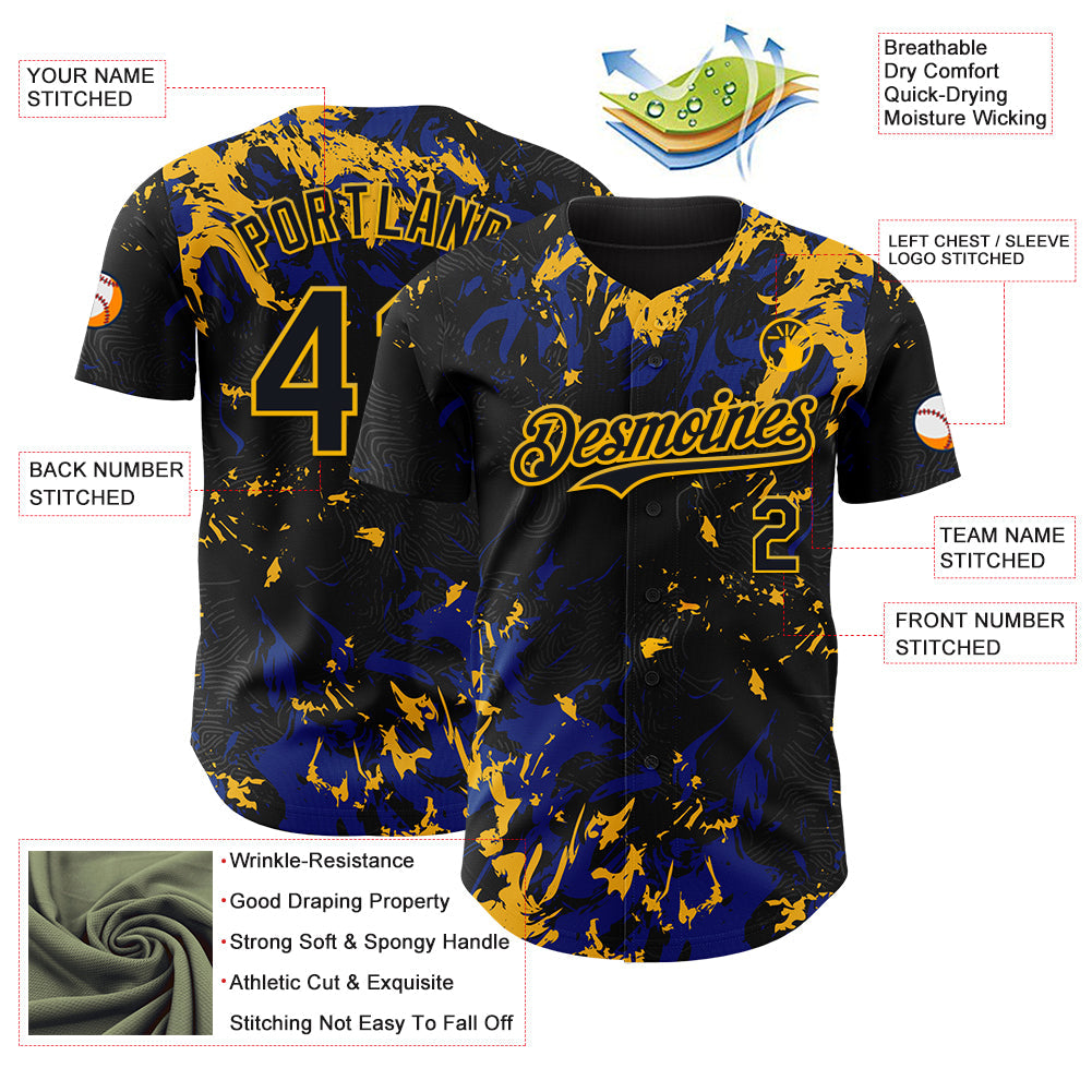 Custom Black Royal-Gold Splash Authentic Baseball Jersey view 3