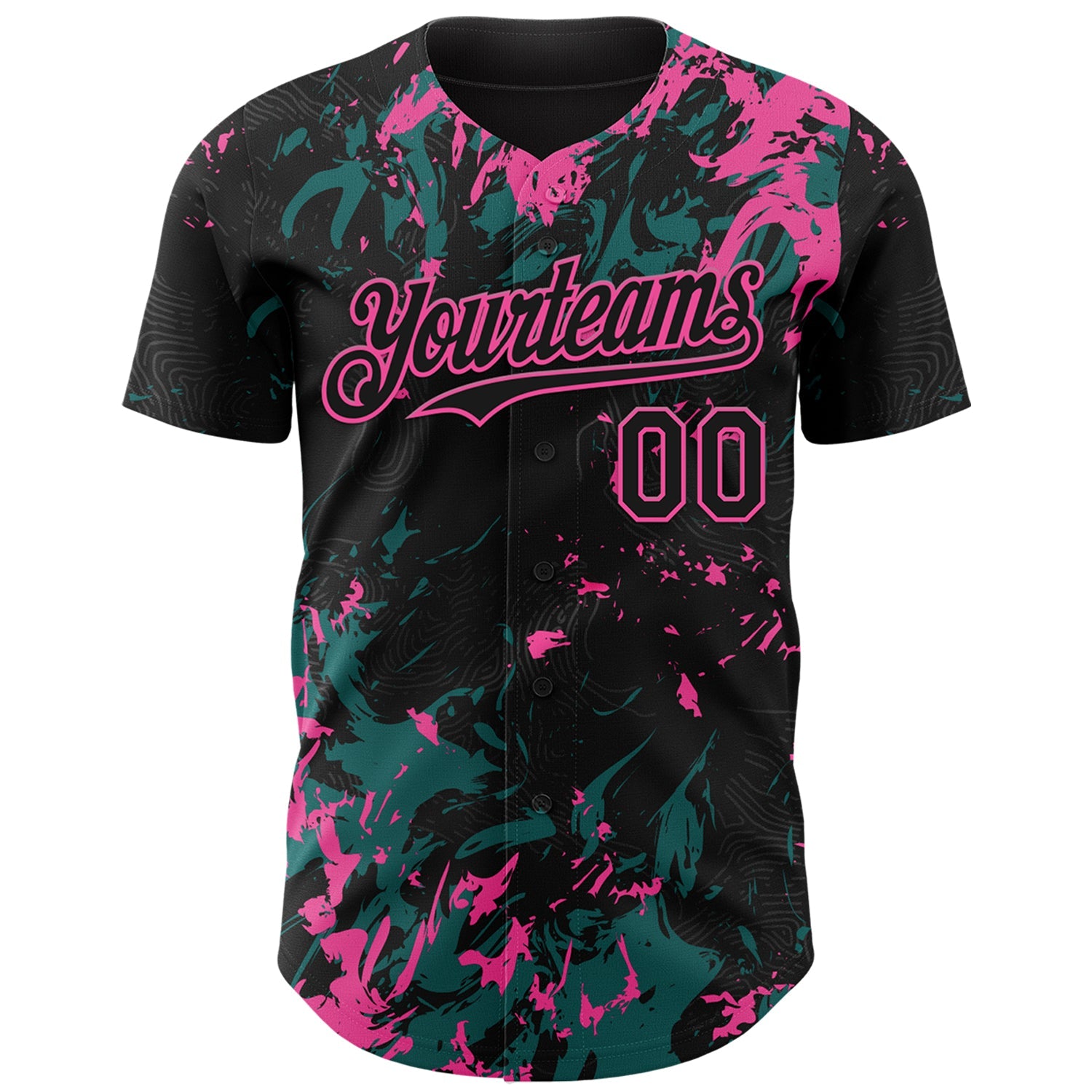 Custom Black Teal-Pink Splash Authentic Baseball Jersey view 2