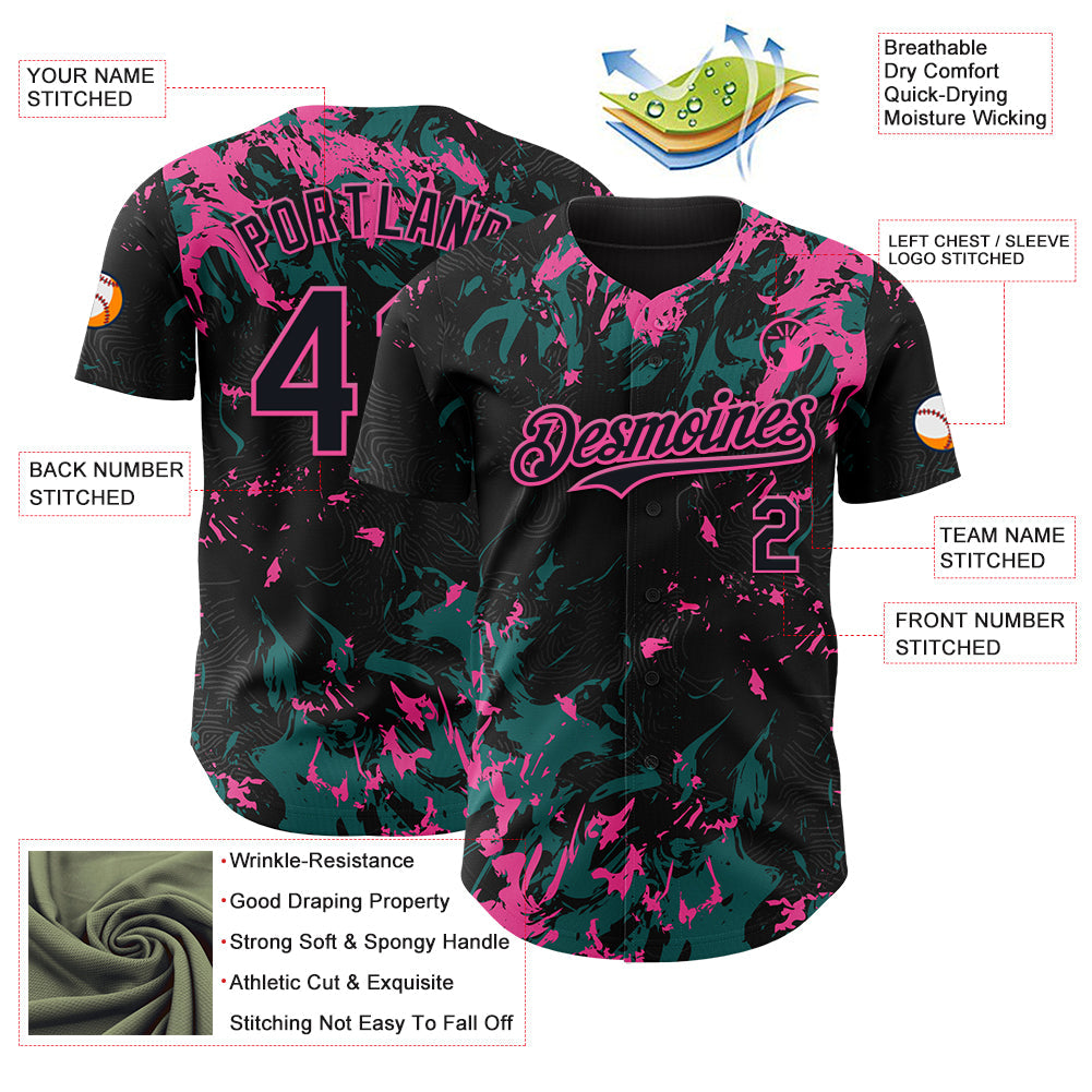 Custom Black Teal-Pink Splash Authentic Baseball Jersey view 3