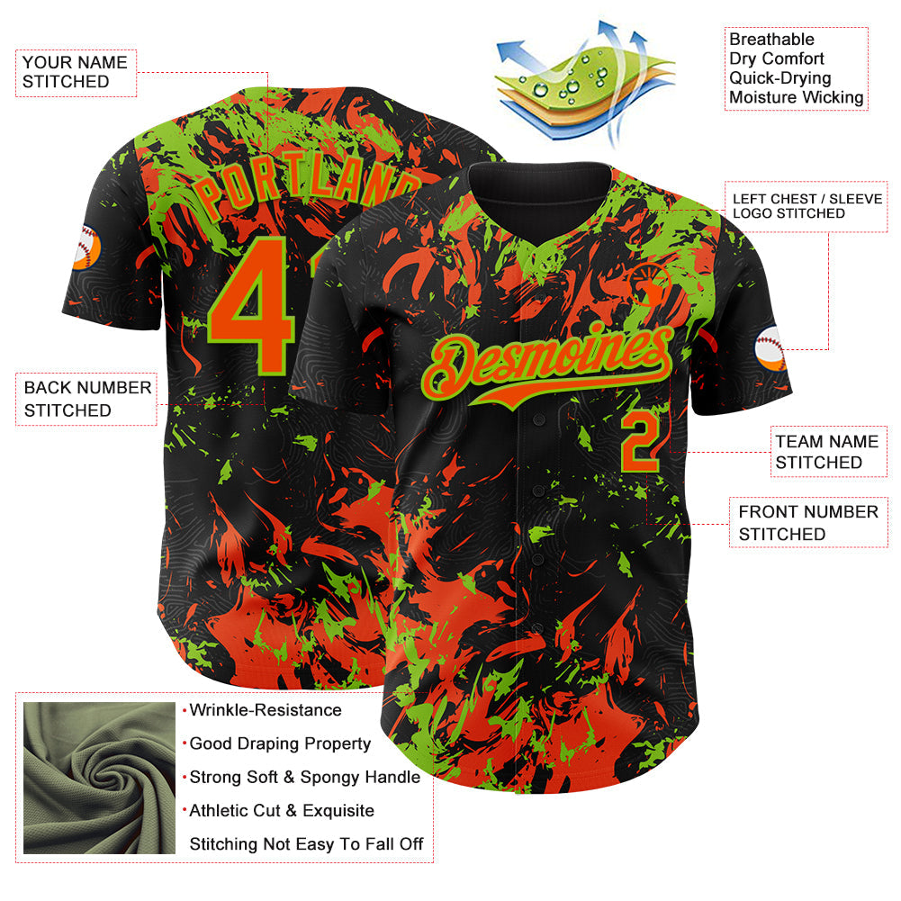 Custom Black Orange-Neon Green Splash Authentic Baseball Jersey view 3