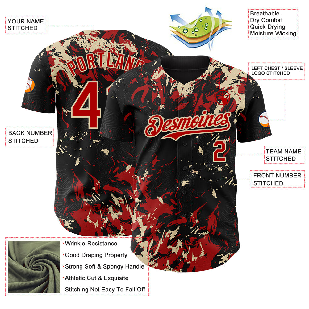 Custom Black Red-Cream Splash Authentic Baseball Jersey view 3