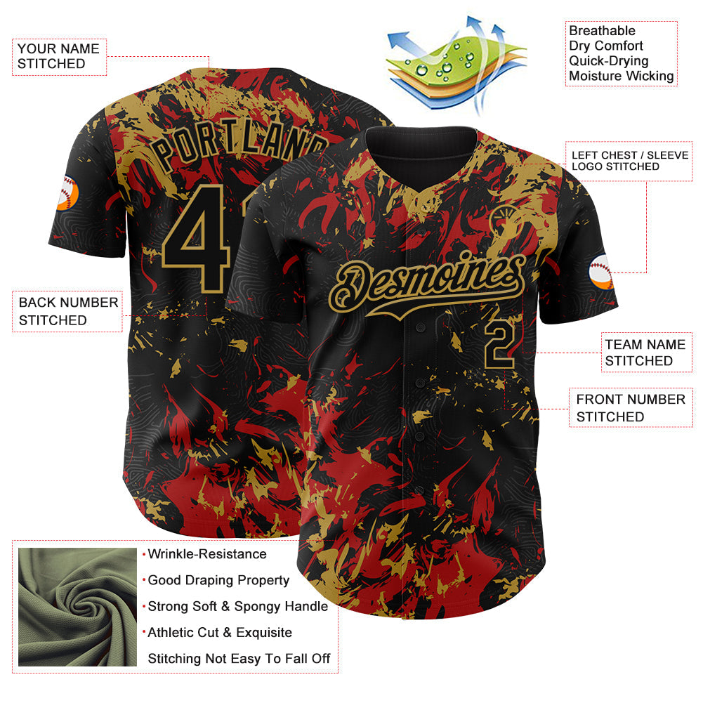 Custom Black Red-Old Gold Splash Authentic Baseball Jersey view 3