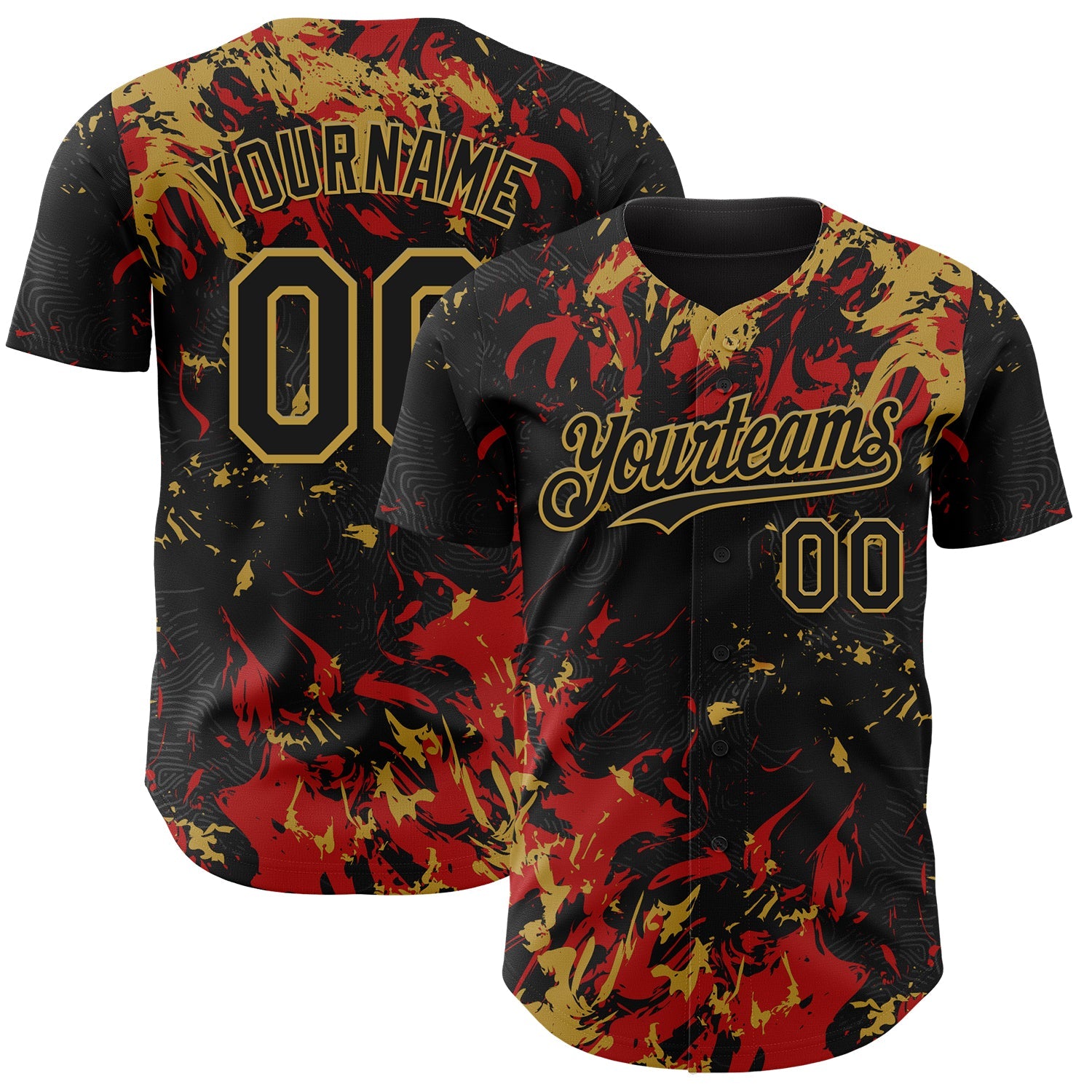 Custom Black Red-Old Gold Splash Authentic Baseball Jersey - Main View