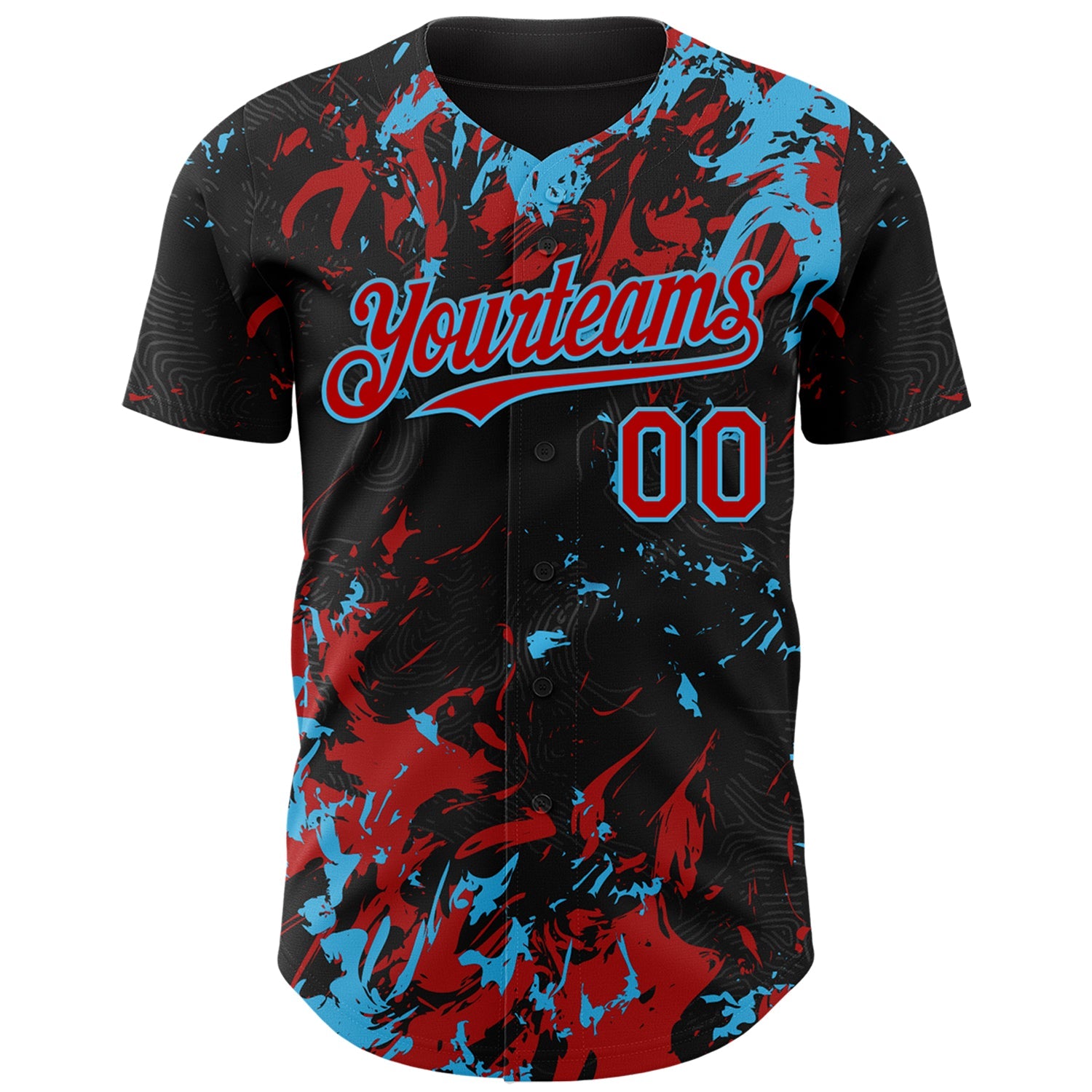 Custom Black Red-Sky Blue Splash Authentic Baseball Jersey view 2