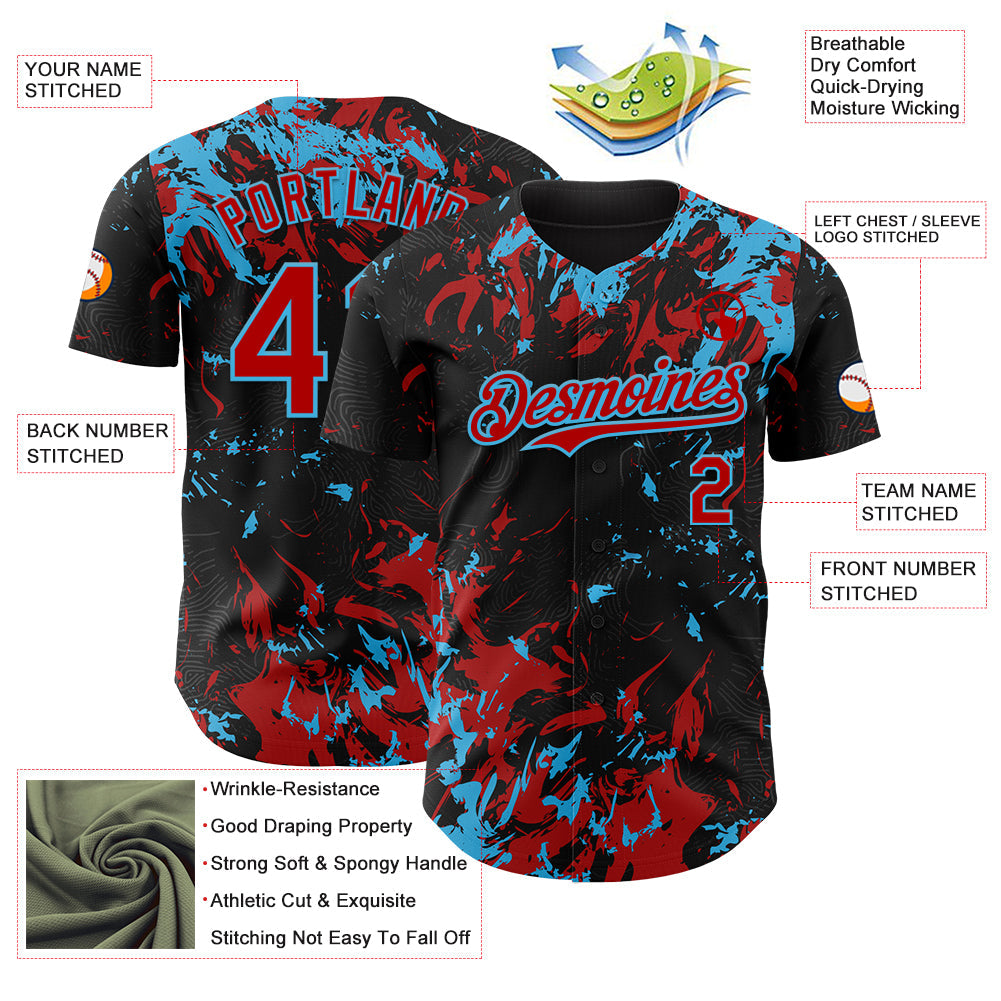 Custom Black Red-Sky Blue Splash Authentic Baseball Jersey view 3
