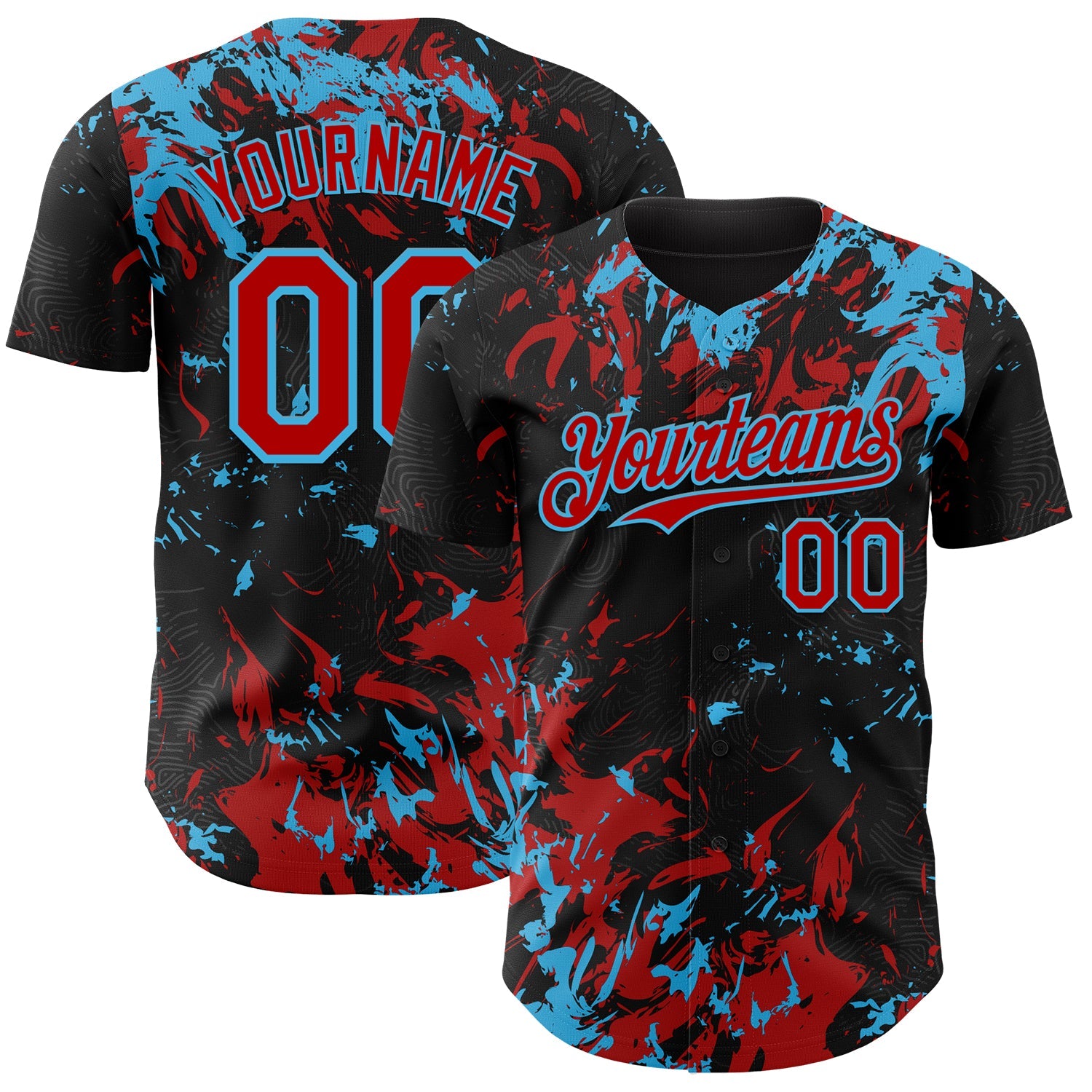 Custom Black Red-Sky Blue Splash Authentic Baseball Jersey - Main View