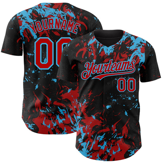Custom Black Red-Sky Blue Splash Authentic Baseball Jersey - Main View