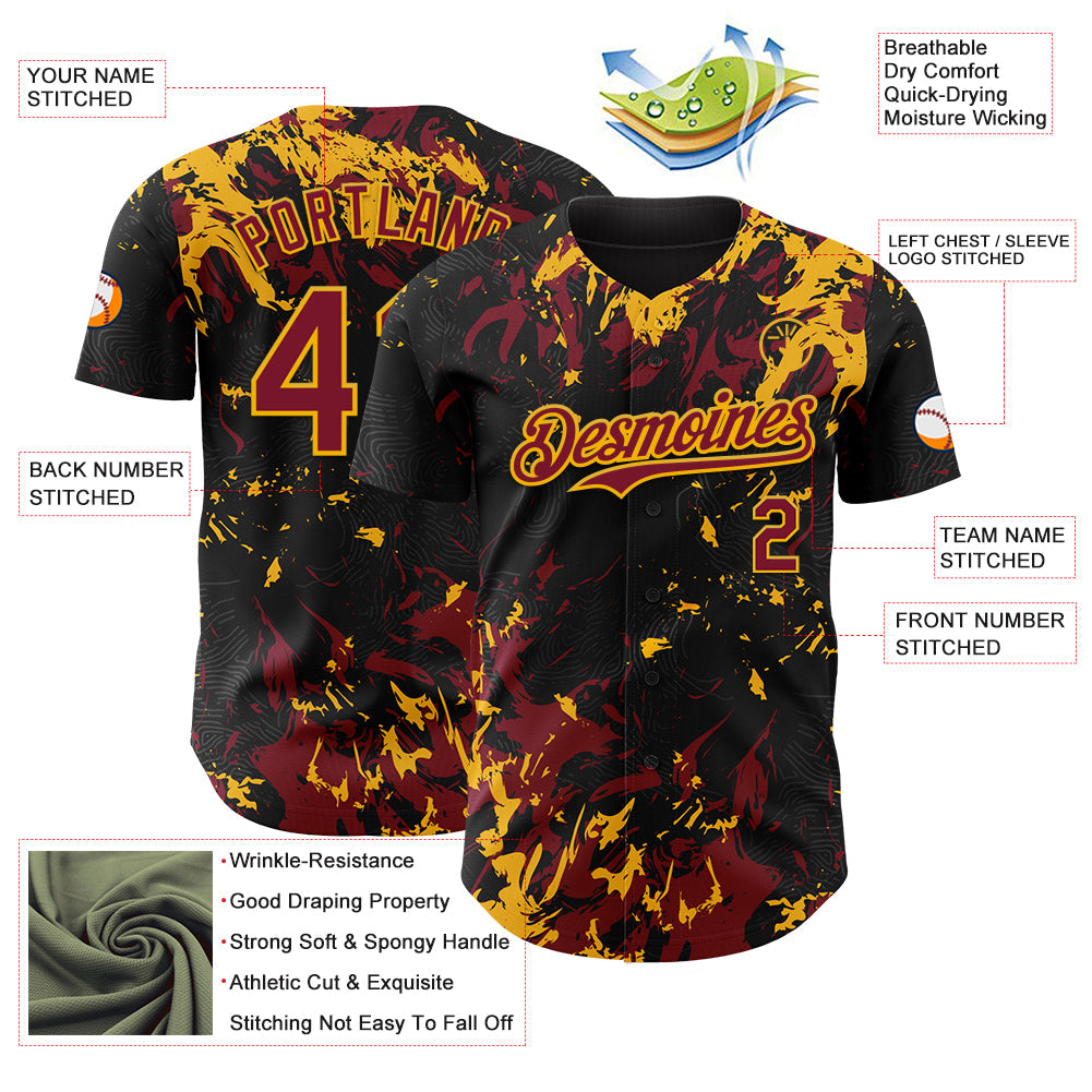 Custom Black Crimson-Gold Splash Authentic Baseball Jersey view 3