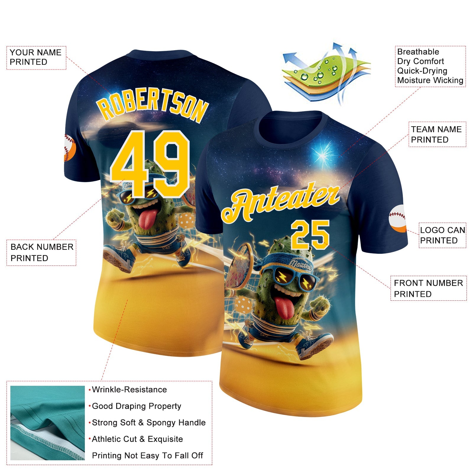 Custom Blue Yellow-White 3D Funny Pickleball Paddles Balls Performance T-Shirt view 2