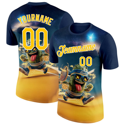Custom Blue Yellow-White 3D Funny Pickleball Paddles Balls Performance T-Shirt - Main View