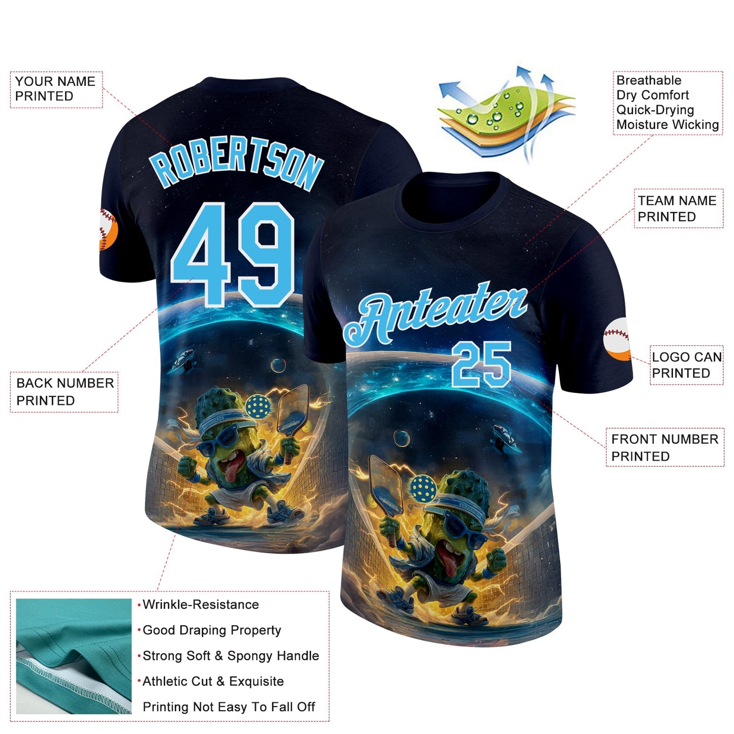 Custom Blue Sky Blue-White 3D Funny Pickleball Paddles Balls Performance T-Shirt view 2