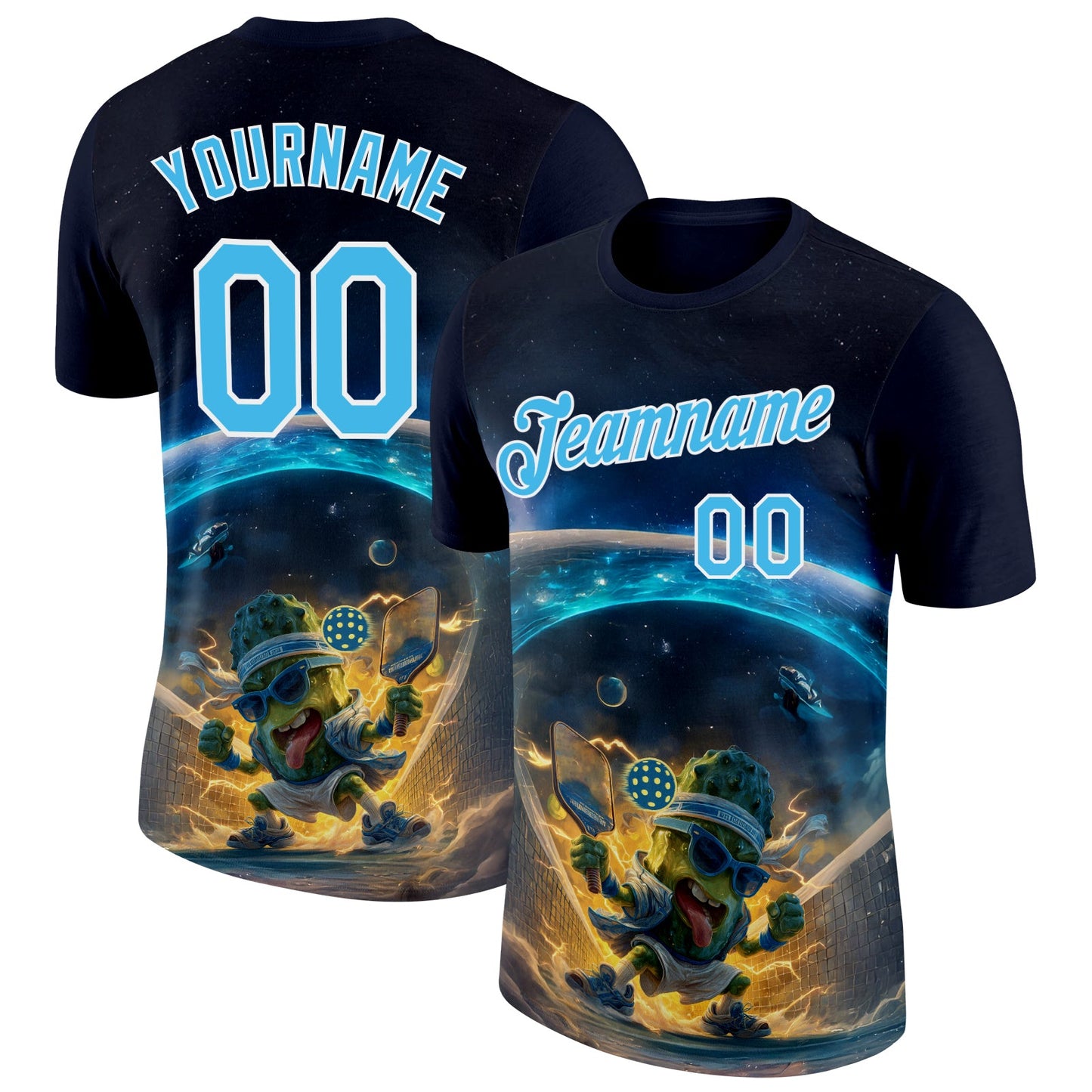 Custom Blue Sky Blue-White 3D Funny Pickleball Paddles Balls Performance T-Shirt - Main View