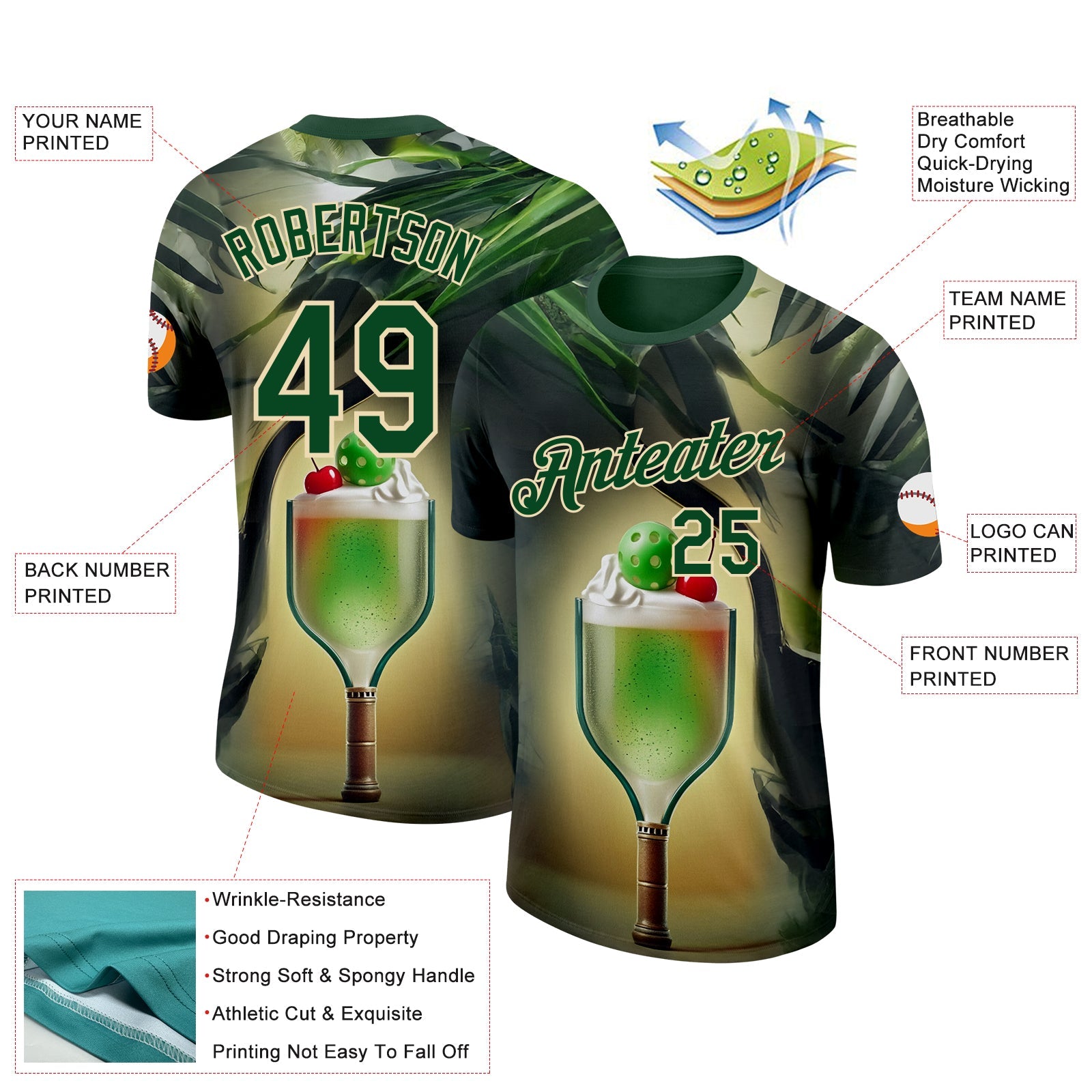 Custom Green Cream 3D Funny Pickleball Paddles Balls Smoothie Performance T-Shirt view 2