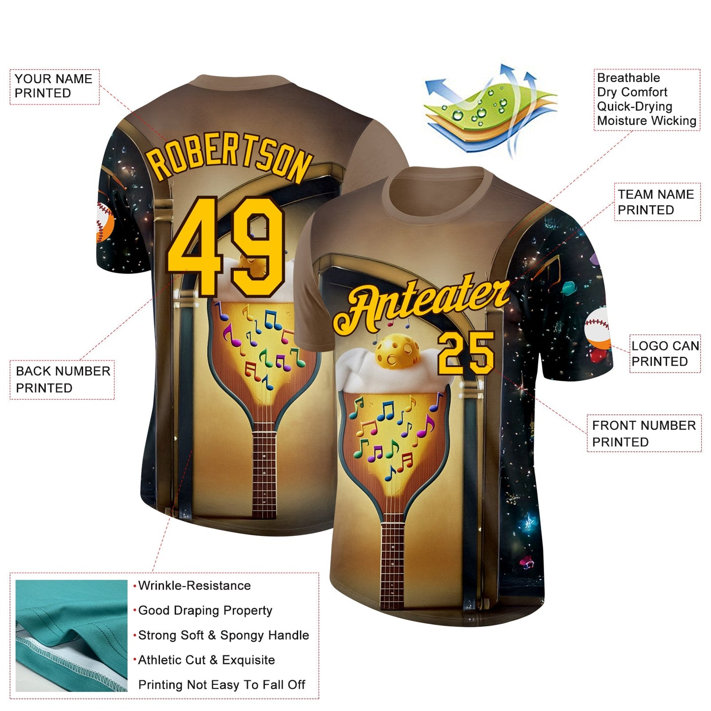Custom Brown Yellow-Black 3D Funny Pickleball Paddles Balls Guitar Performance T-Shirt view 2