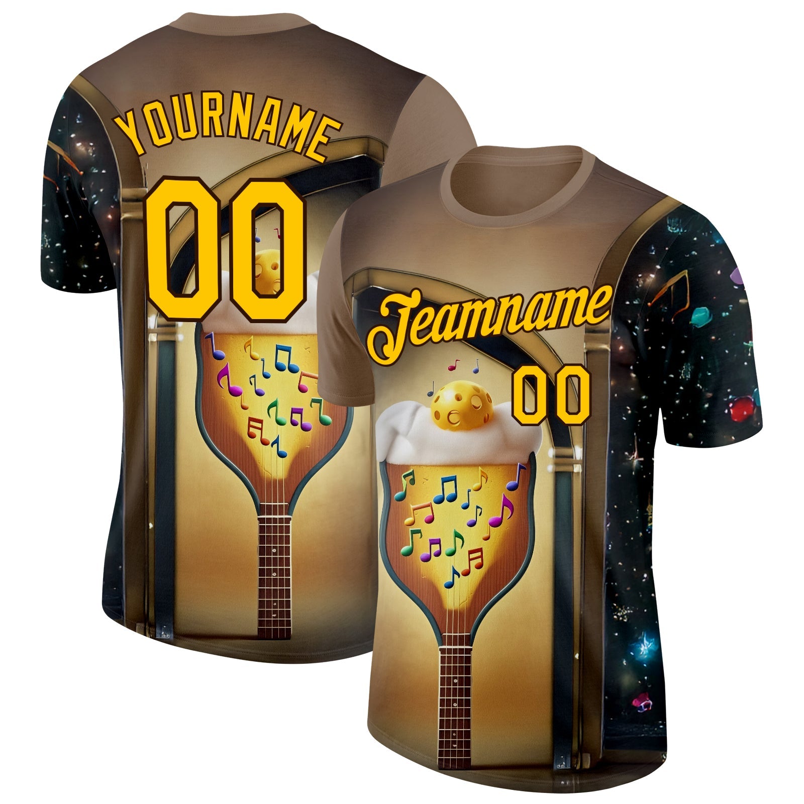 Custom Brown Yellow-Black 3D Funny Pickleball Paddles Balls Guitar Performance T-Shirt - Main View
