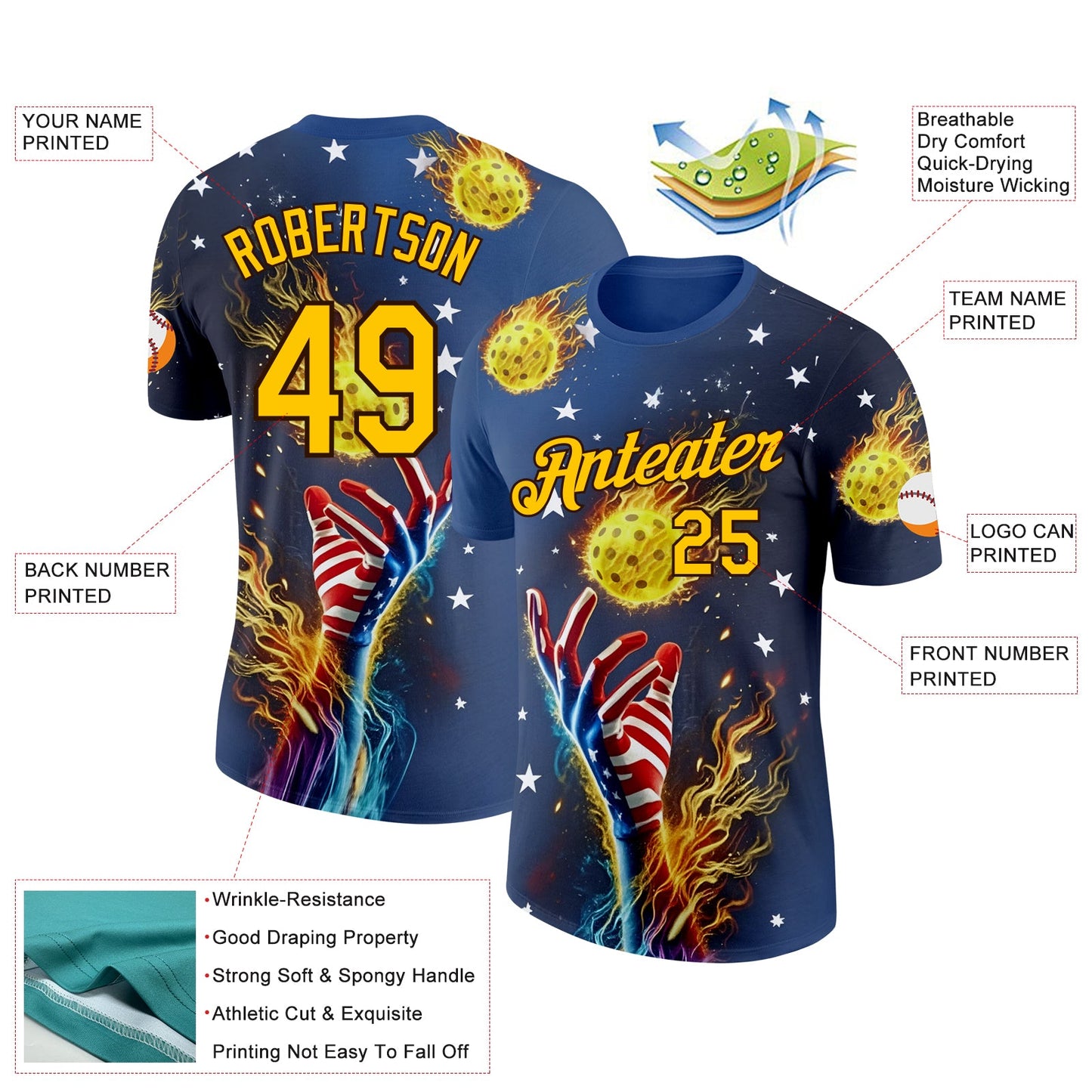 Custom Blue Yellow-Brown 3D Pickleball Balls American Flag Meteor Performance T-Shirt view 2
