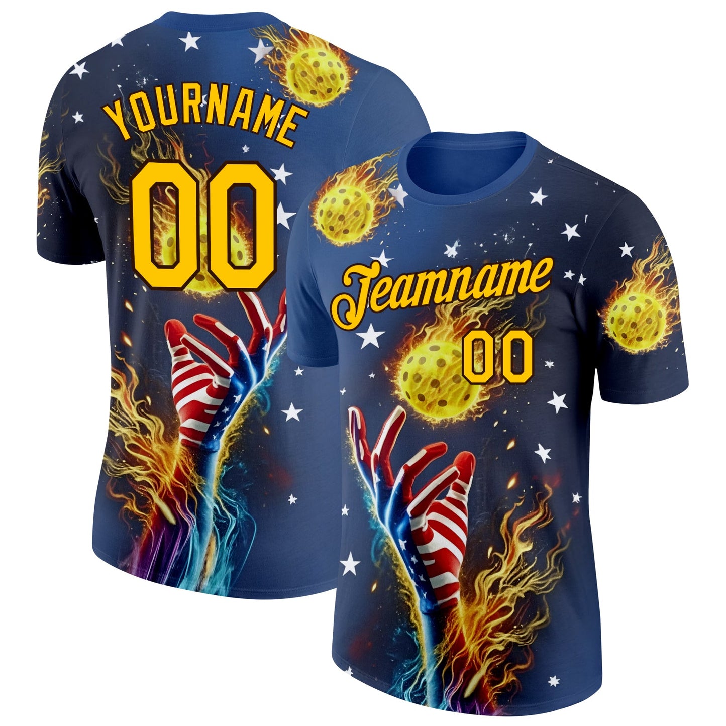 Custom Blue Yellow-Brown 3D Pickleball Balls American Flag Meteor Performance T-Shirt - Main View