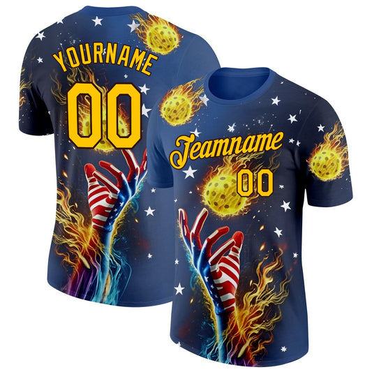 Custom Blue Yellow-Brown 3D Pickleball Balls American Flag Meteor Performance T-Shirt - Main View