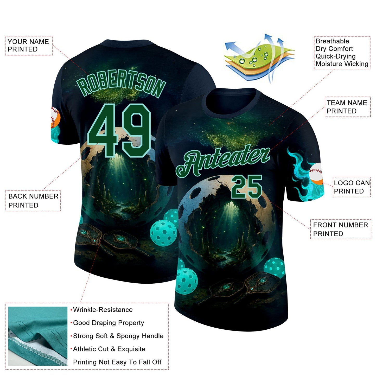 Custom Blue Green-Ice Blue 3D Pickleball Paddles Balls Fantasy Performance T-Shirt view 2