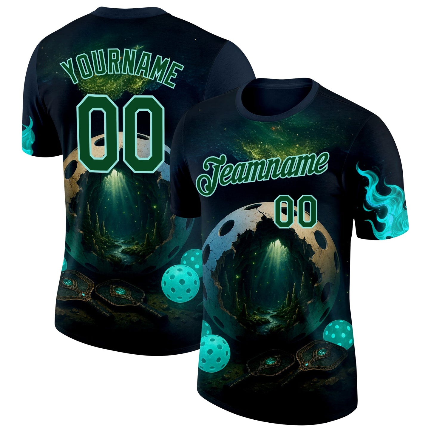 Custom Blue Green-Ice Blue 3D Pickleball Paddles Balls Fantasy Performance T-Shirt - Main View