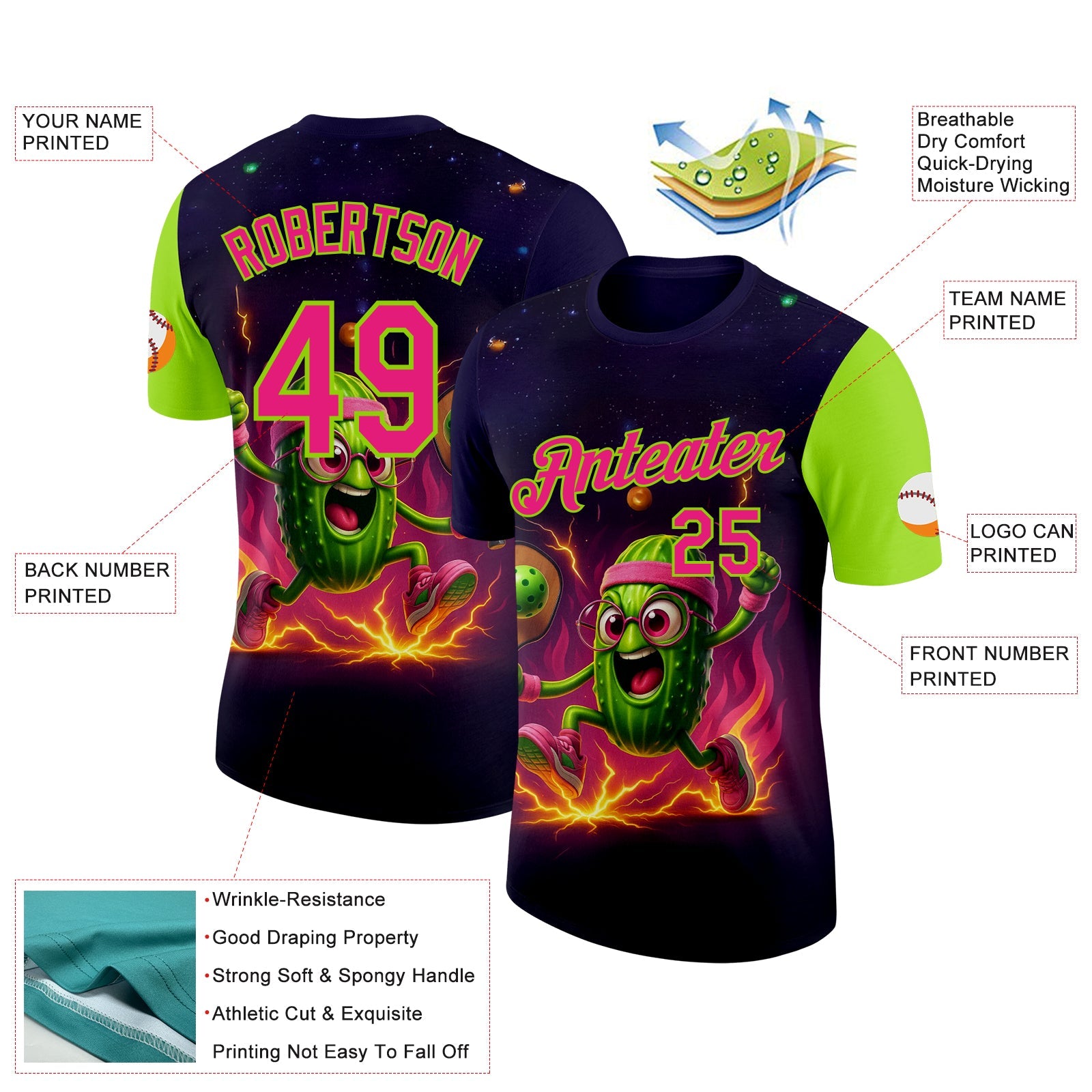 Custom Blue Hot Pink-Neon Green 3D Funny Pickleball Paddles Balls Performance T-Shirt view 2