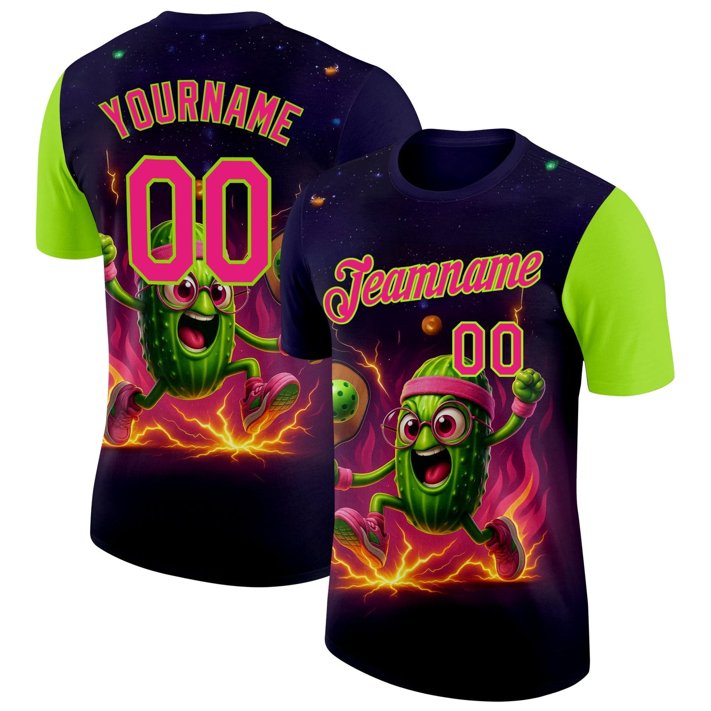 Custom Blue Hot Pink-Neon Green 3D Funny Pickleball Paddles Balls Performance T-Shirt - Main View