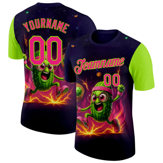 Custom Blue Hot Pink-Neon Green 3D Funny Pickleball Paddles Balls Performance T-Shirt - Main View