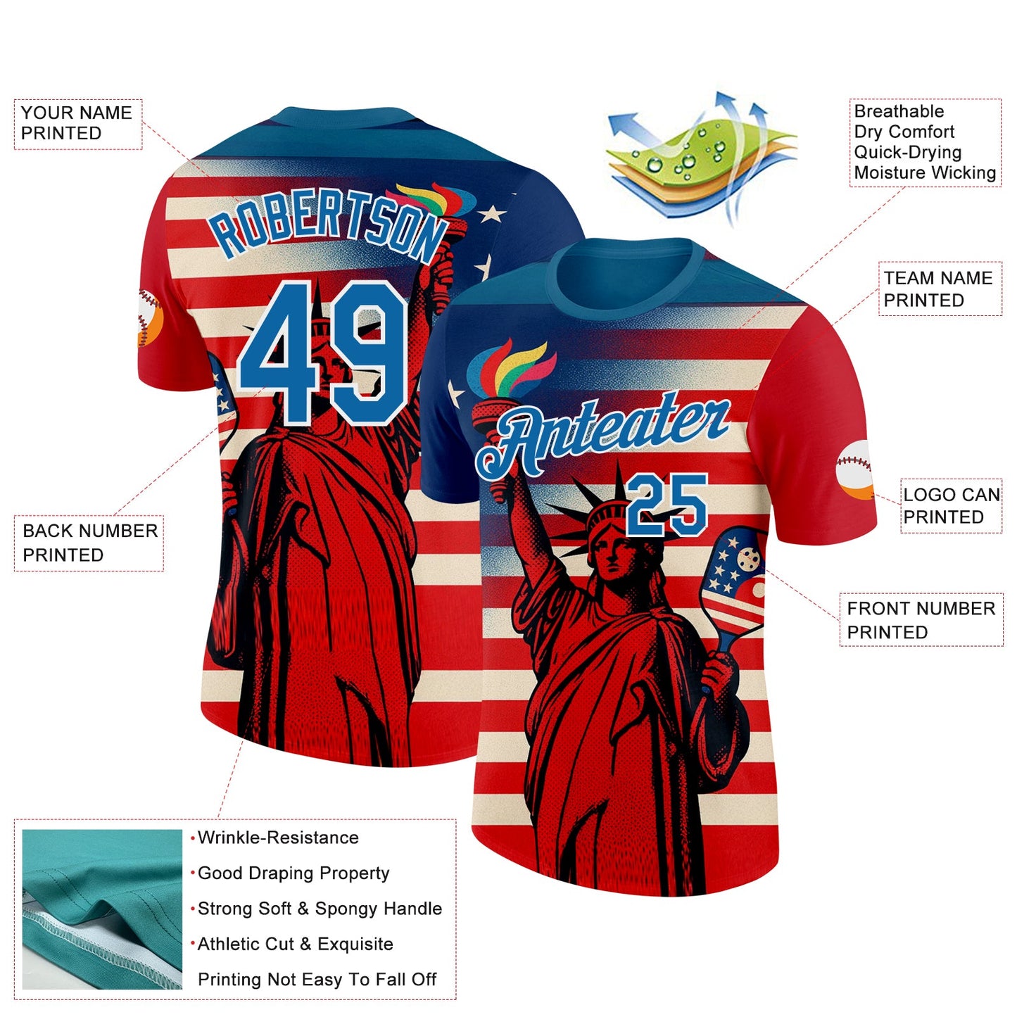 Custom Red Blue-White 3D Pickleball Paddles Balls American Flag Statue Of Liberty Performance T-Shirt view 2