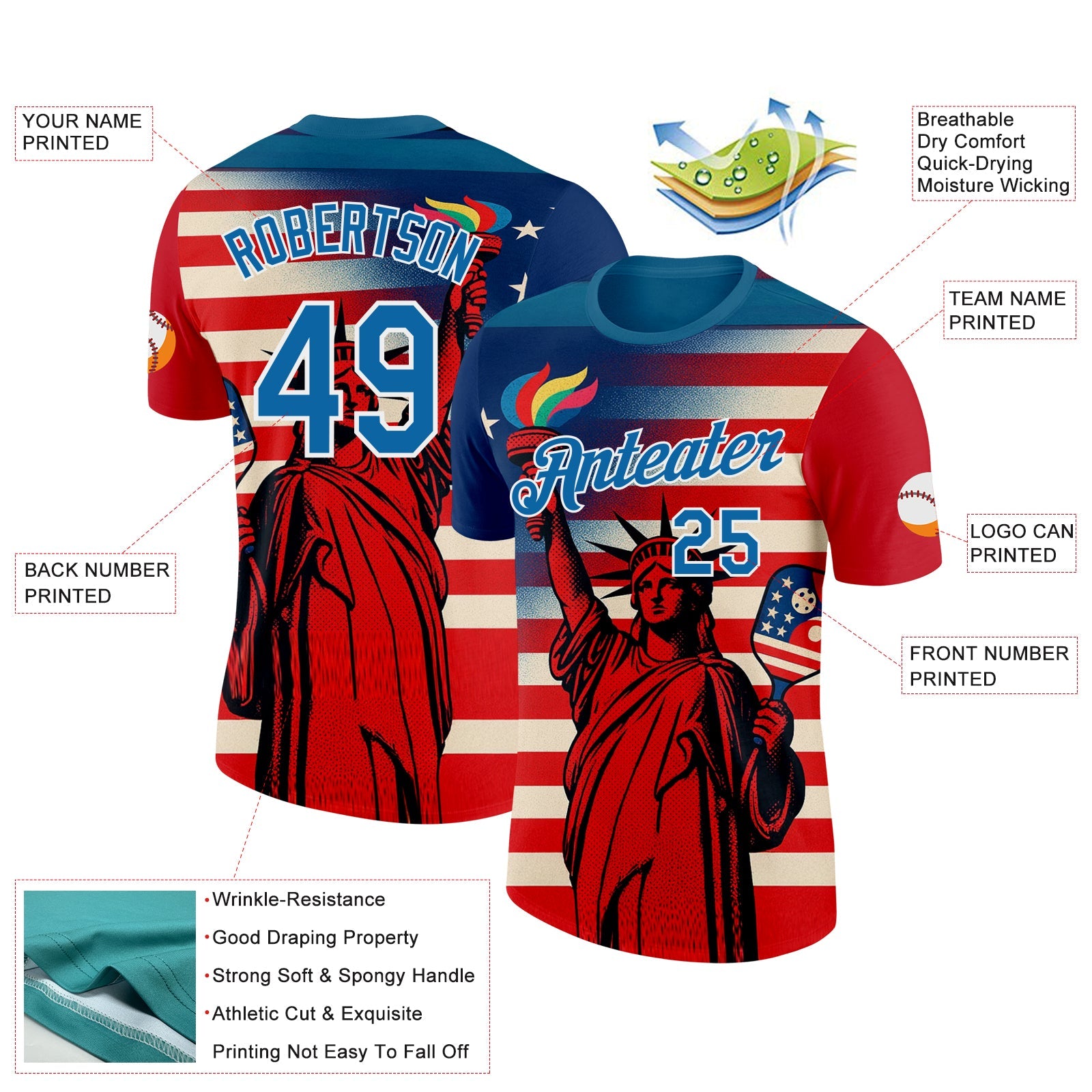 Custom Red Blue-White 3D Pickleball Paddles Balls American Flag Statue Of Liberty Performance T-Shirt view 2