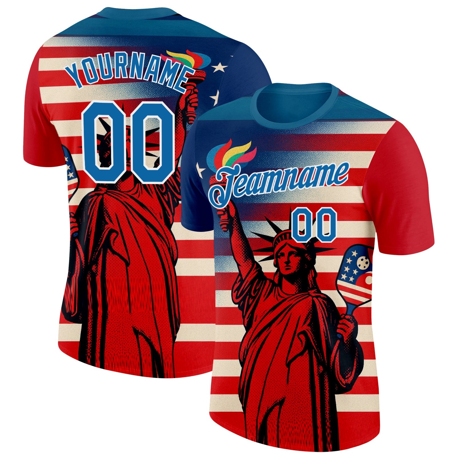 Custom Red Blue-White 3D Pickleball Paddles Balls American Flag Statue Of Liberty Performance T-Shirt - Main View