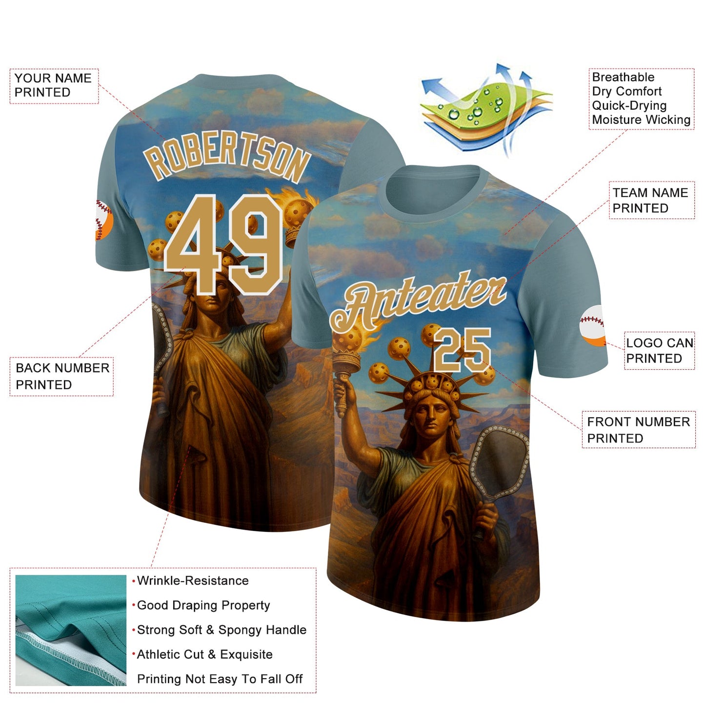 Custom Blue Old Gold-White 3D Pickleball Paddles Balls Retro Statue Of Liberty Performance T-Shirt view 2
