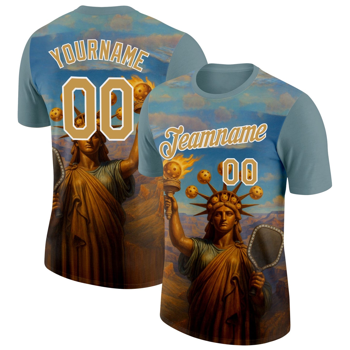 Custom Blue Old Gold-White 3D Pickleball Paddles Balls Retro Statue Of Liberty Performance T-Shirt - Main View