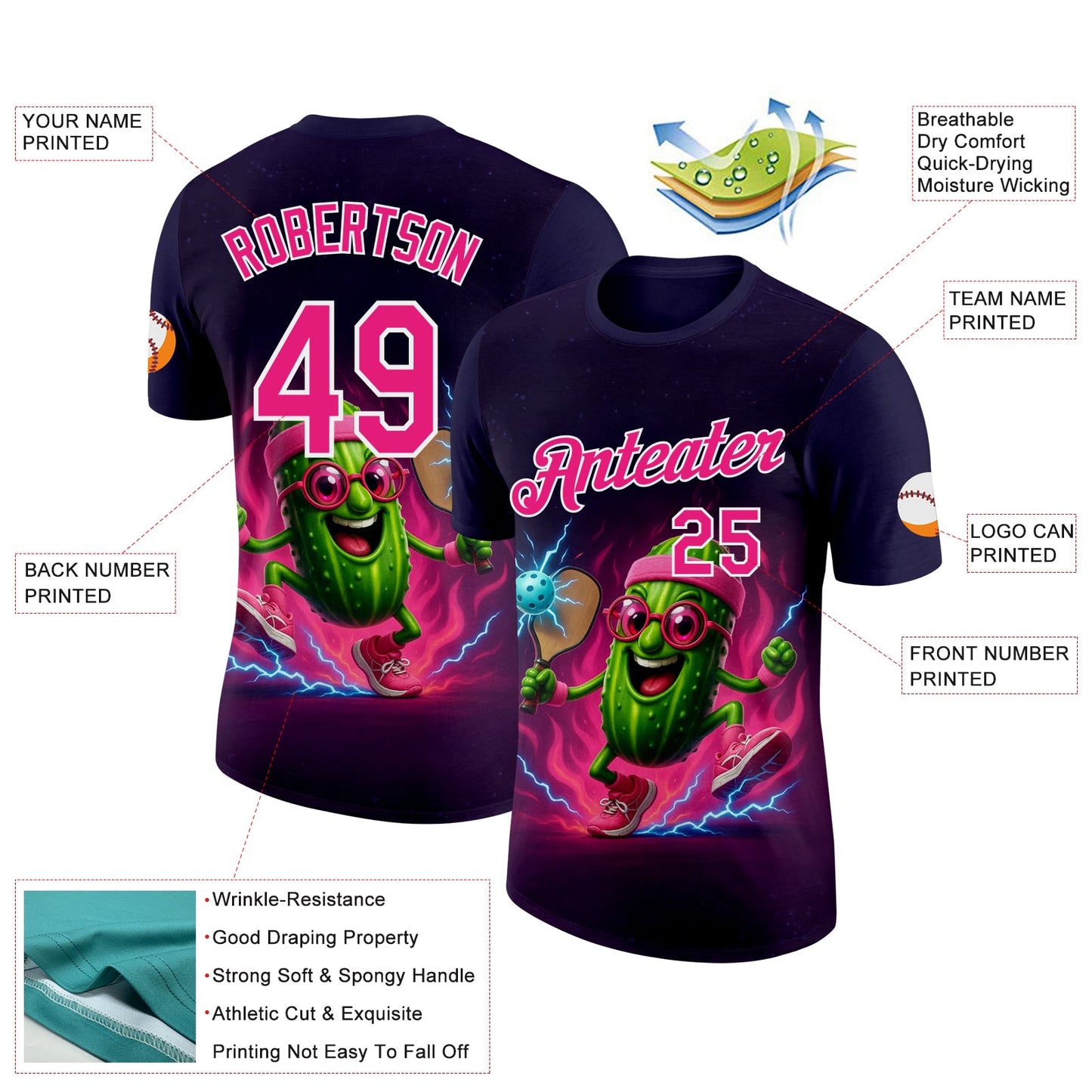 Custom Blue Hot Pink-White 3D Funny Pickleball Paddles Balls Lighting Performance T-Shirt view 2