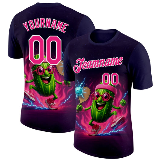 Custom Blue Hot Pink-White 3D Funny Pickleball Paddles Balls Lighting Performance T-Shirt - Main View