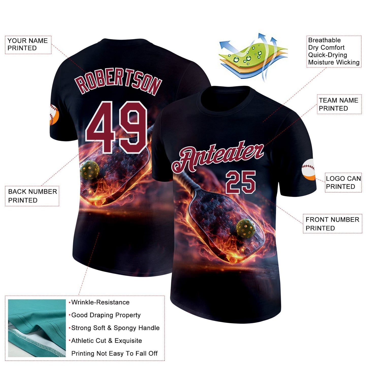 Custom Navy Crimson-White 3D Flame Pickleball Paddles Balls Performance T-Shirt view 2