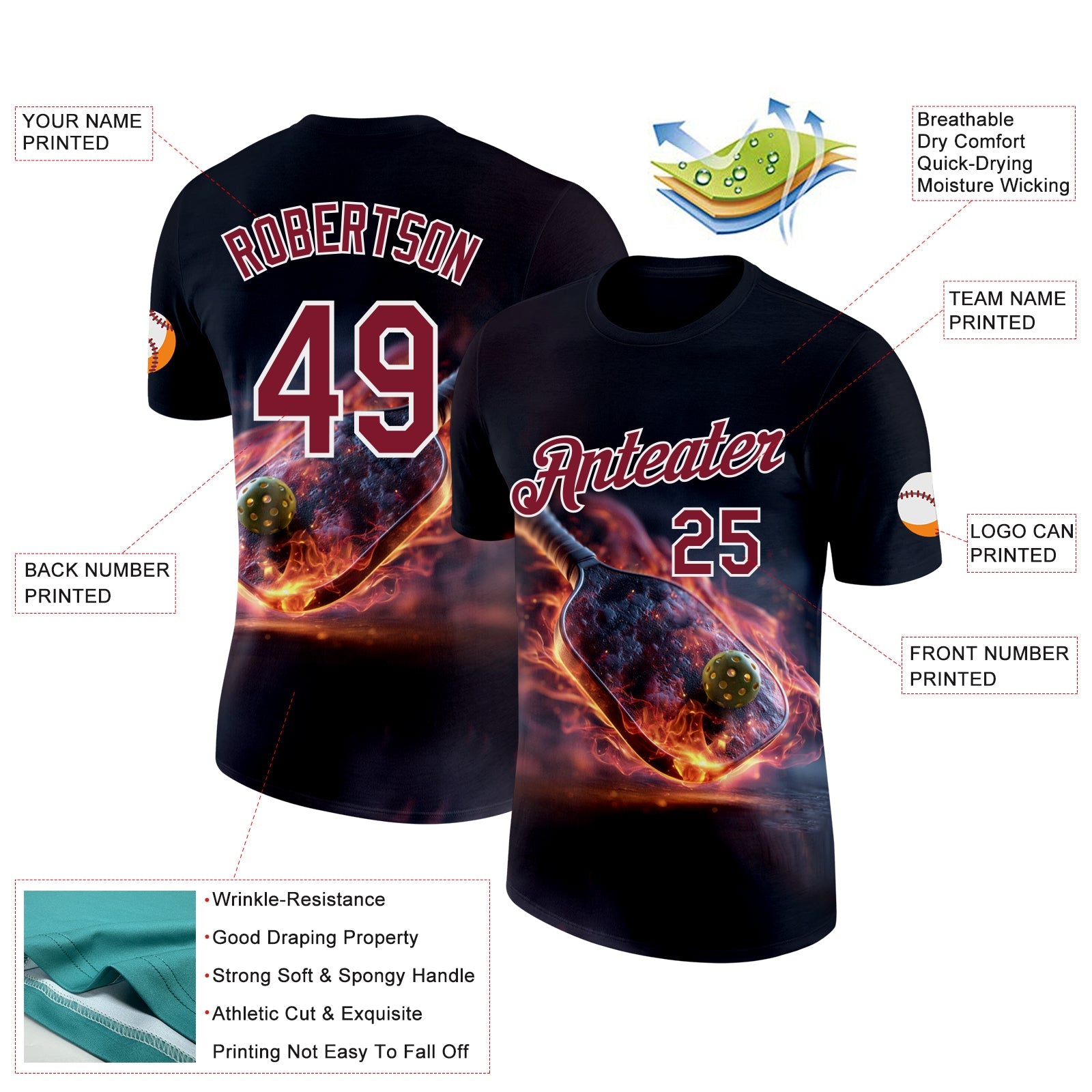 Custom Navy Crimson-White 3D Flame Pickleball Paddles Balls Performance T-Shirt view 2