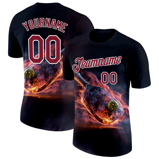 Custom Navy Crimson-White 3D Flame Pickleball Paddles Balls Performance T-Shirt - Main View