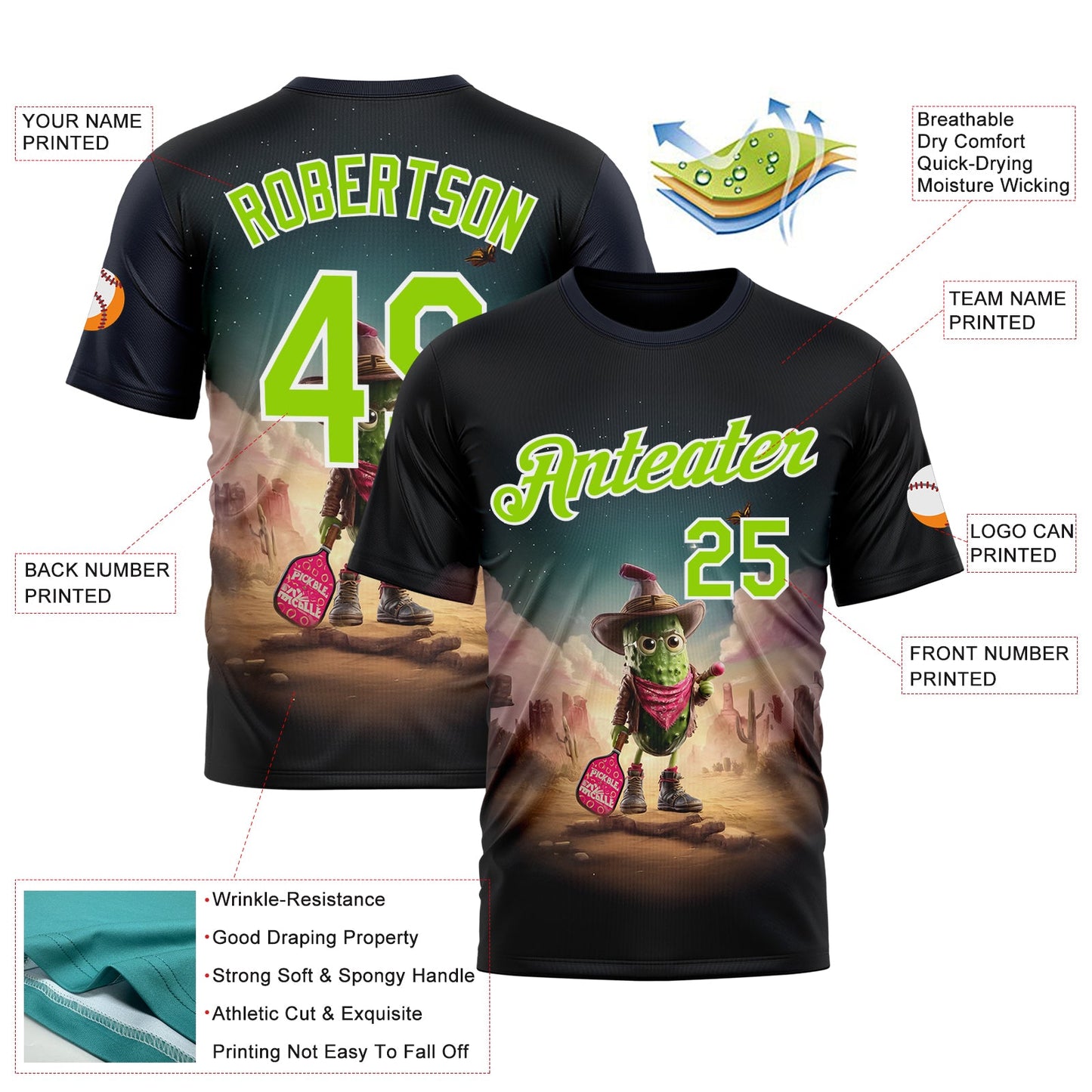 Custom Blue Aurora Green-White 3D Funny Pickleball Paddles Balls West Cowboy Performance T-Shirt view 2